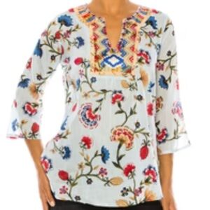 Light Blue Floral Boho Tunic with Embroidery - S